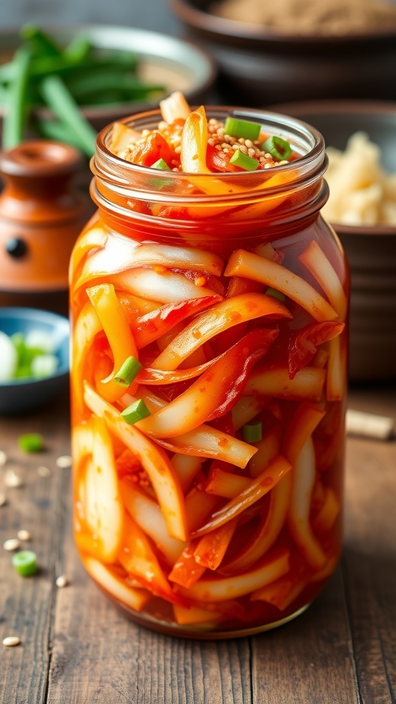 A jar of spicy onion kimchi with sliced onions and chili paste, garnished with sesame seeds and green onions.